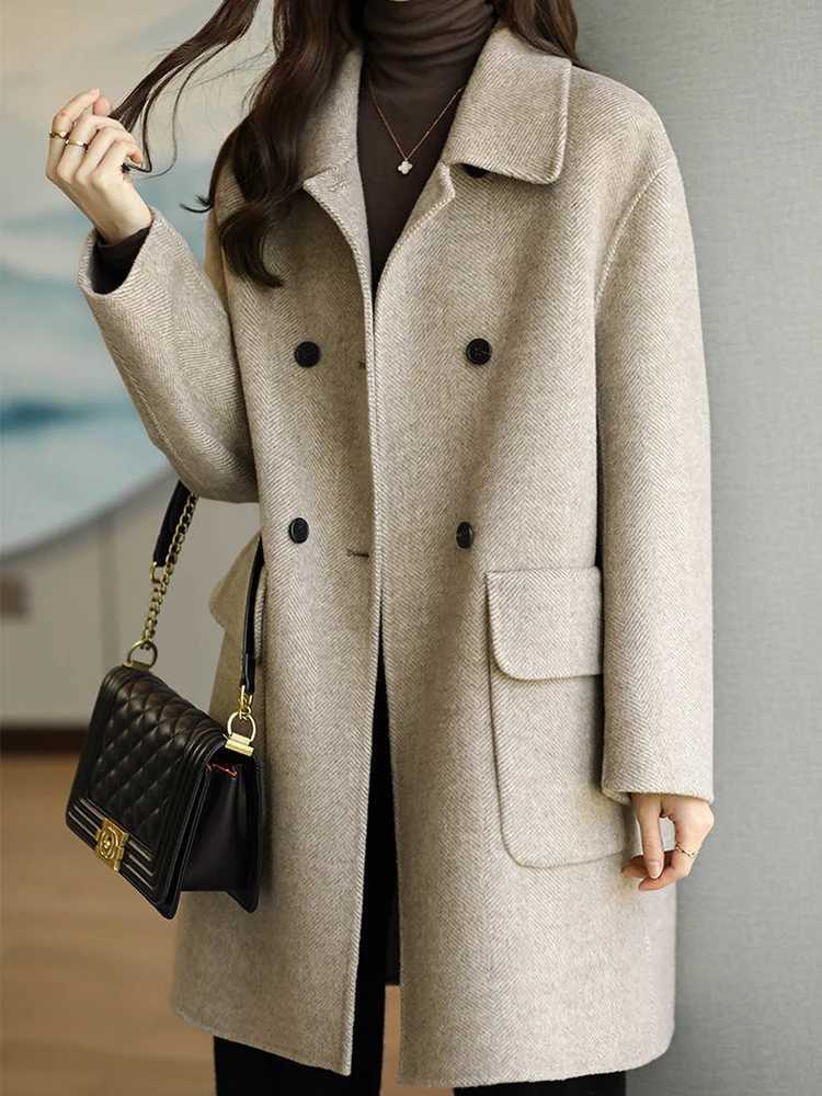 Autumn Winter New Cotton Thickened Woolen Coat Women Korean Version Slim Fit Medium Long Solid Color Woolen CoatX241009