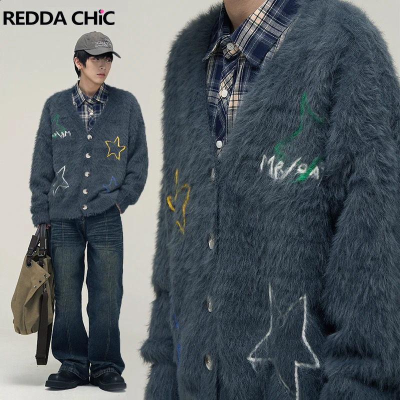 Reddachic Star Embroidered Cardigan Mens Retro Y2k Casual V-neck Button Mohair Knitted Jacket Acubi Fashion Jacket 241007