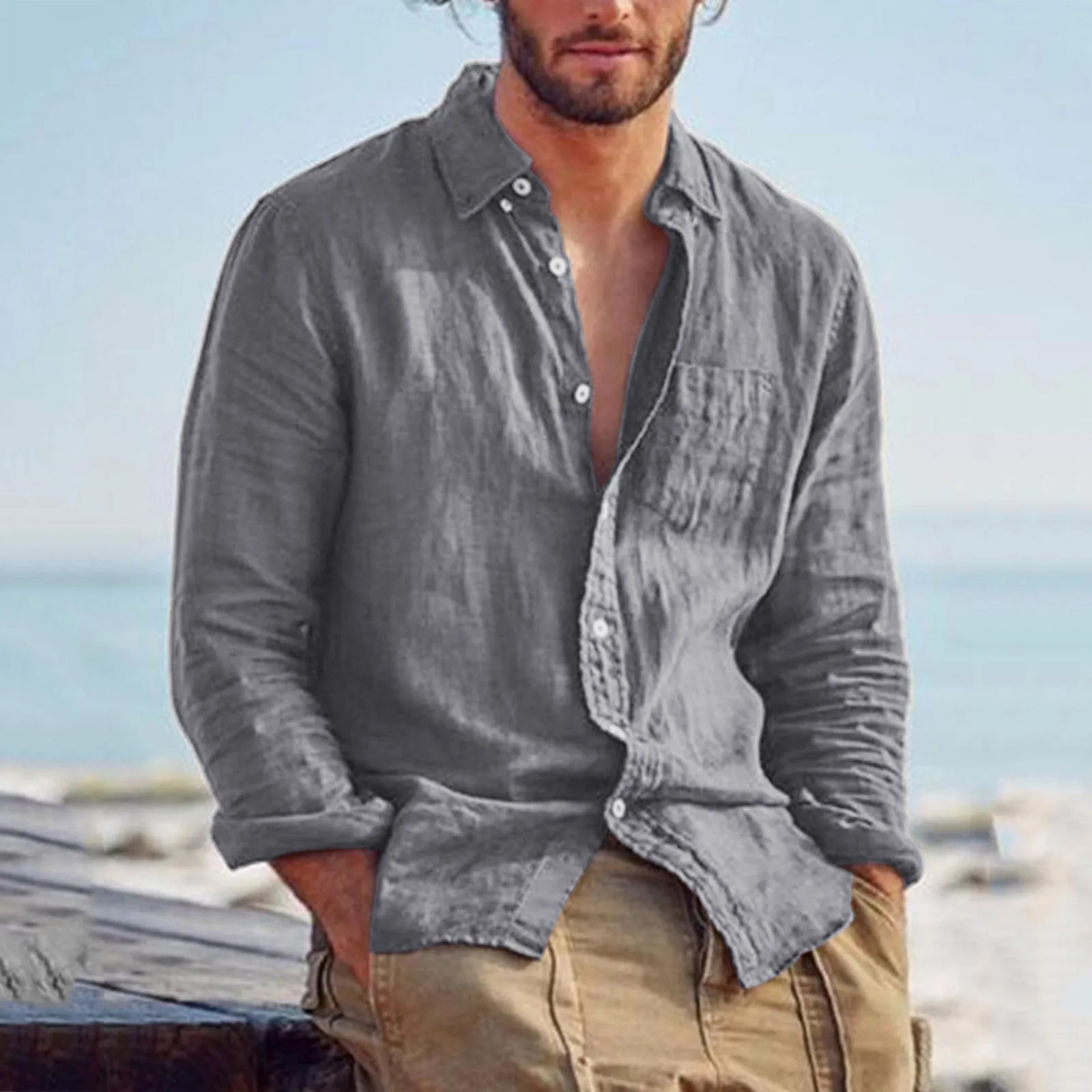 Mens green cotton linen casual shirt loose fitting long sleeved lapel Hawaiian shirt streetwear casual shirt 241009