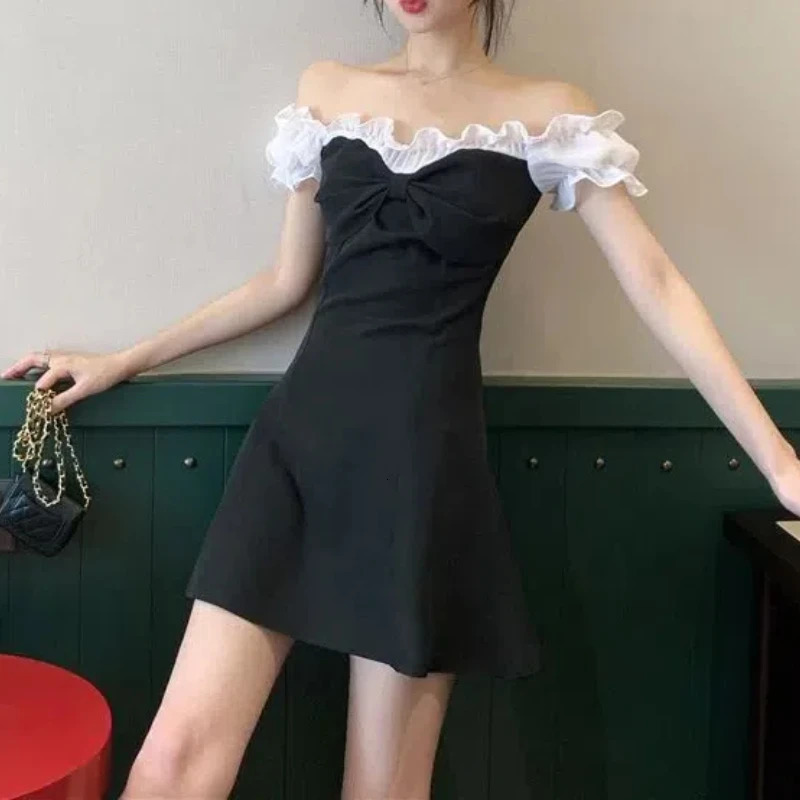 Womens clothing summer pull short sleeved patch work embroidery flame bow line party office womens knee ski dress 241007