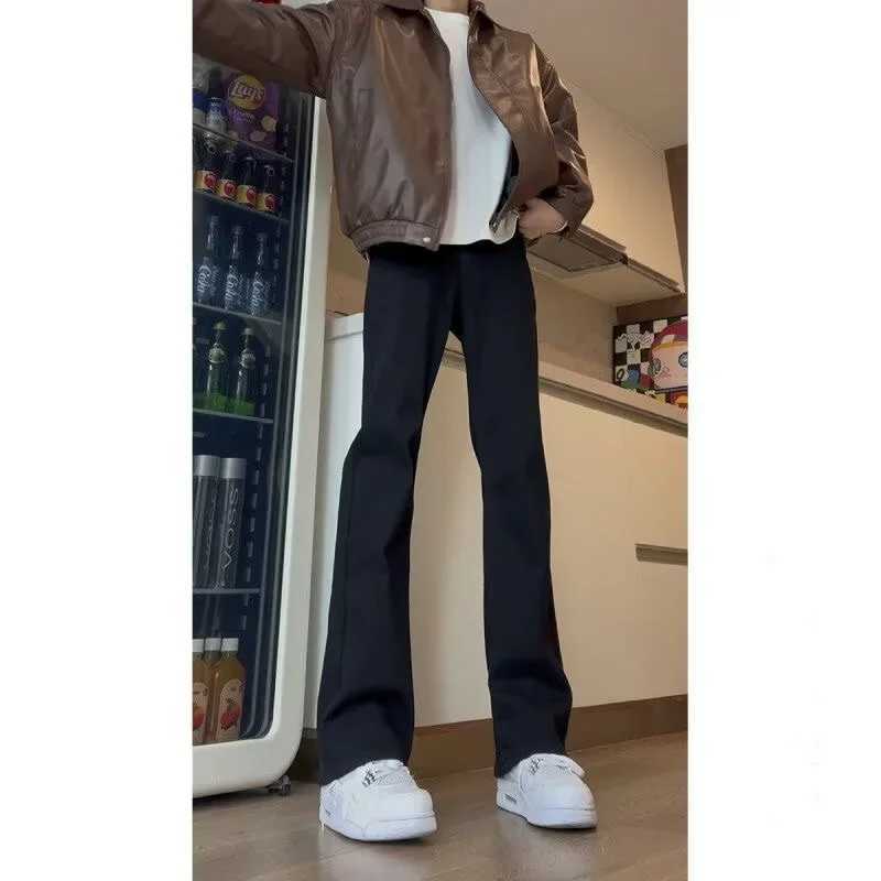 New Black High Street Pants For Men Instrendy Hip Hop Slim Fit Zip Up Side Slit Denim Casual Straight Leg TrousersX241009