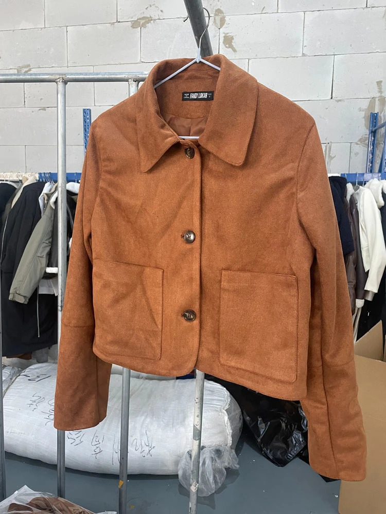 RR3359 Womens Short Leather Suede Jacket Collar Long Sleeve Spring Jacket Waterproof Cloth Zaba Womens 3-Button Front 241009