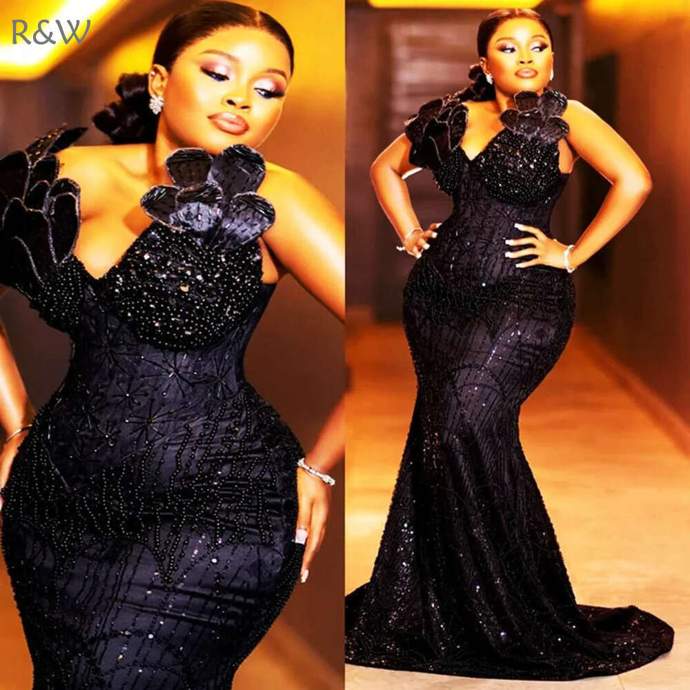 R&W 2024 Plus Size Black Prom Mermaid Promdress for Special Ocns One Shoulder Beaded Lace Pearls Birthday Dress Second Reception Gala Gowns AM1185