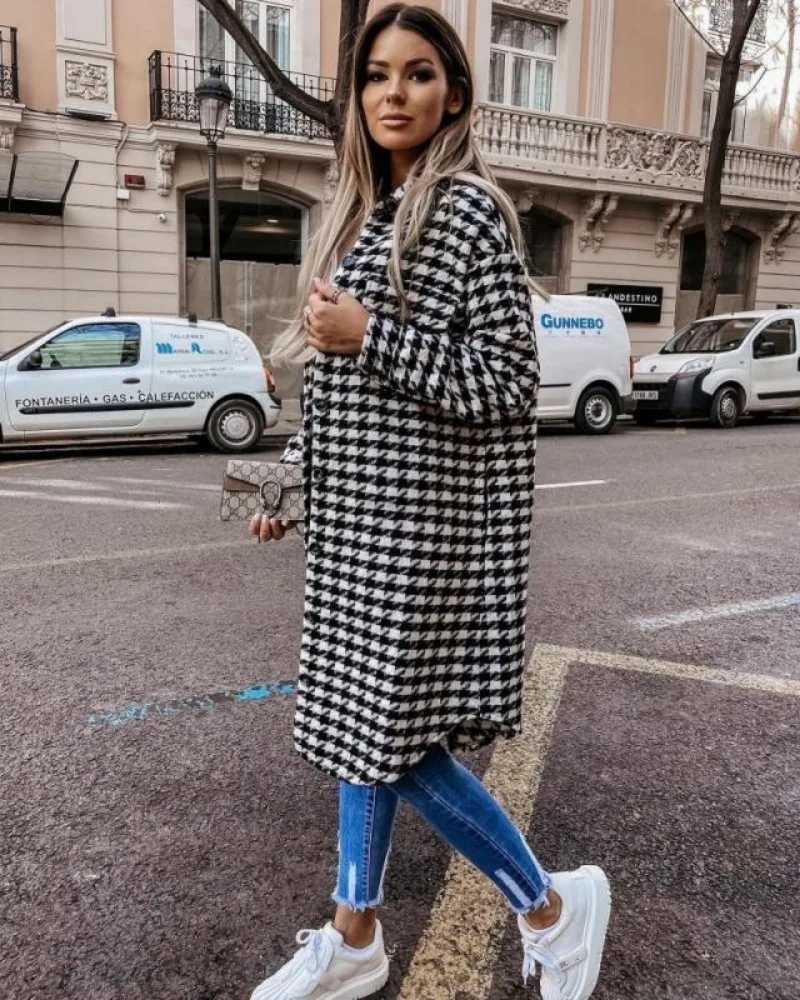 Womens Clothing Autumn and Winter New Fashion Commuter Houndstooth Printed Woolen JacketX241009