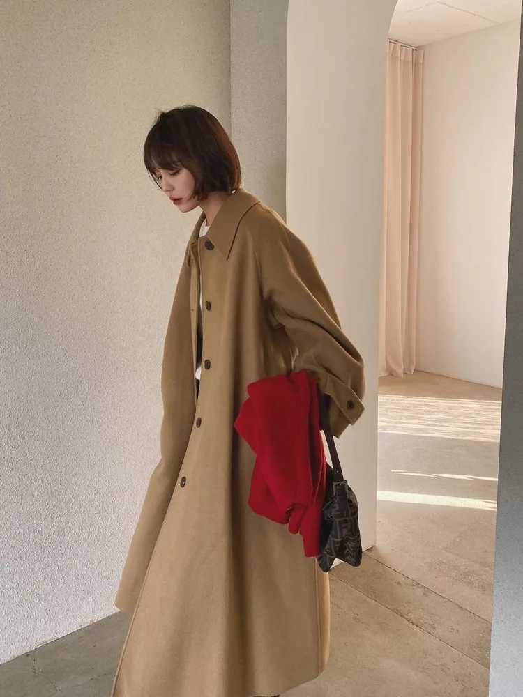 Korean Style Office Lady Woolen Jackets 2024 Autumn And Winter Lapel Single Breasted Loose Lace Up Long Womens Wool CoatsX241009