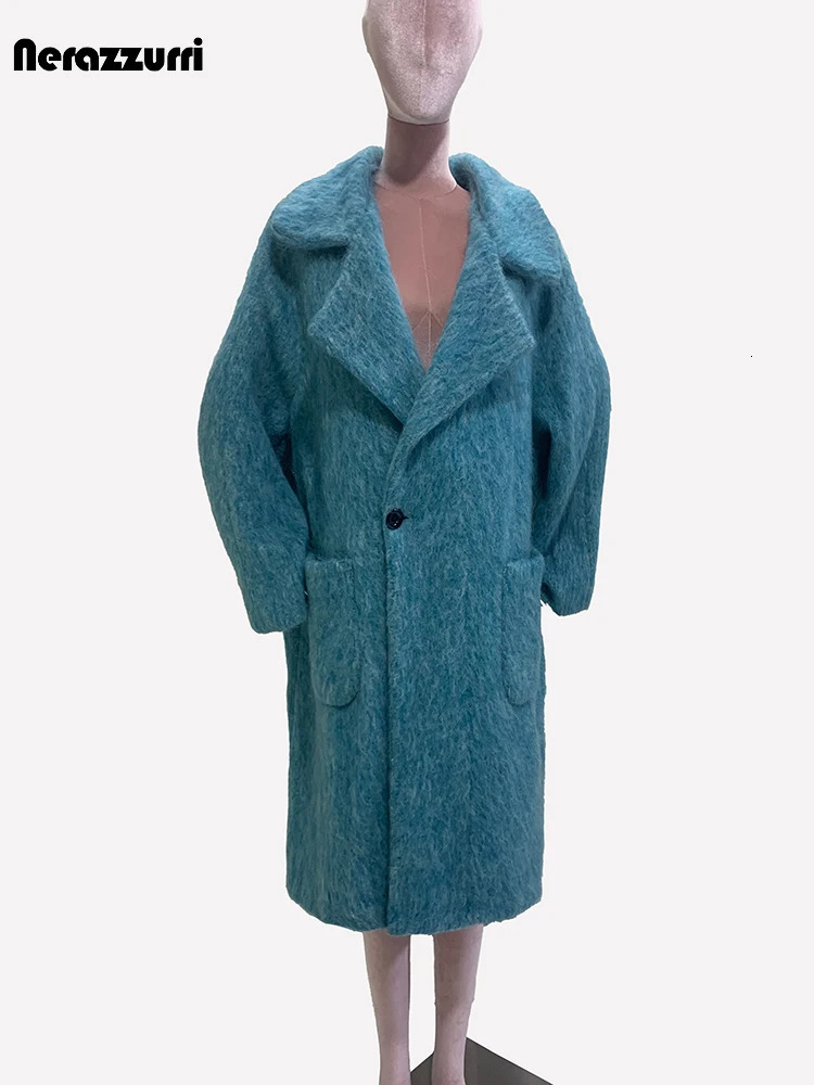 Nerazzurri Autumn Winter Long Oversized Thick Warm Soft Blue Woolen Coat Women Single Button Loose Casual Korean Fashion 2024 240930