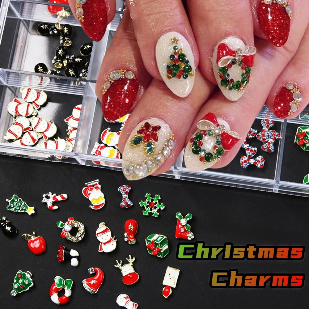 200pcs Exquisite Gold Christmas Charm Alloy Nail Christmas Tree Christmas Tree Snowman Nail Decoration Festival Celebration Event 241008
