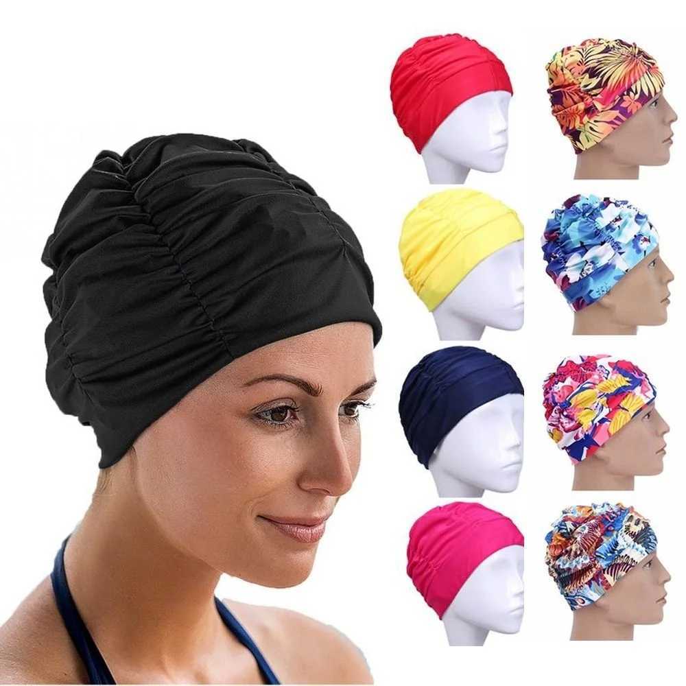 Elastic nylon Turban swimming pool cap long hair swimming protection cap mens printed pleated swimming cap CL241009