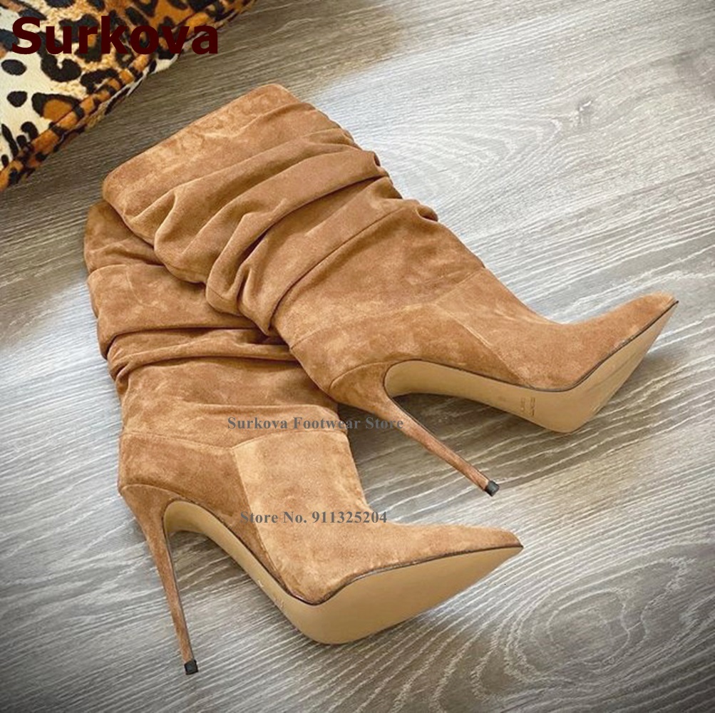 Surkova Brown Suede Pleated Mid-Calf Women Stiletto Heels Pointed Toe Dress Shoes Folded Pattern Middle Boots Size46
