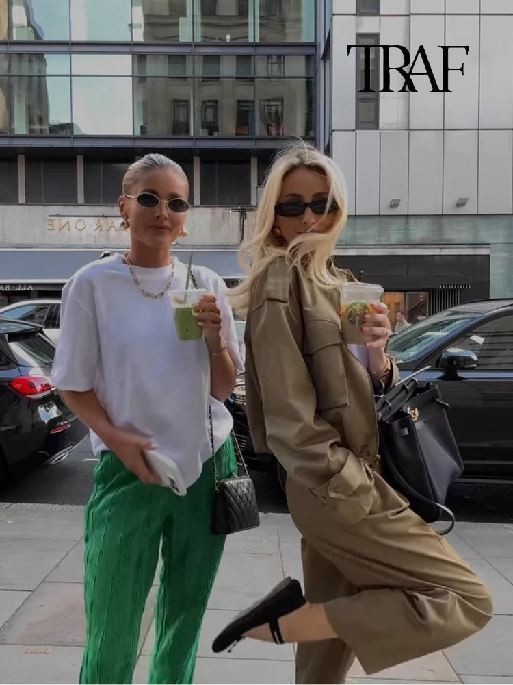 TRAF Womens Fashion Army Green Jacket Set with Two Retro Collar Pocket Trench Jackets for Autumn and Winter Casual Streetwear 241008