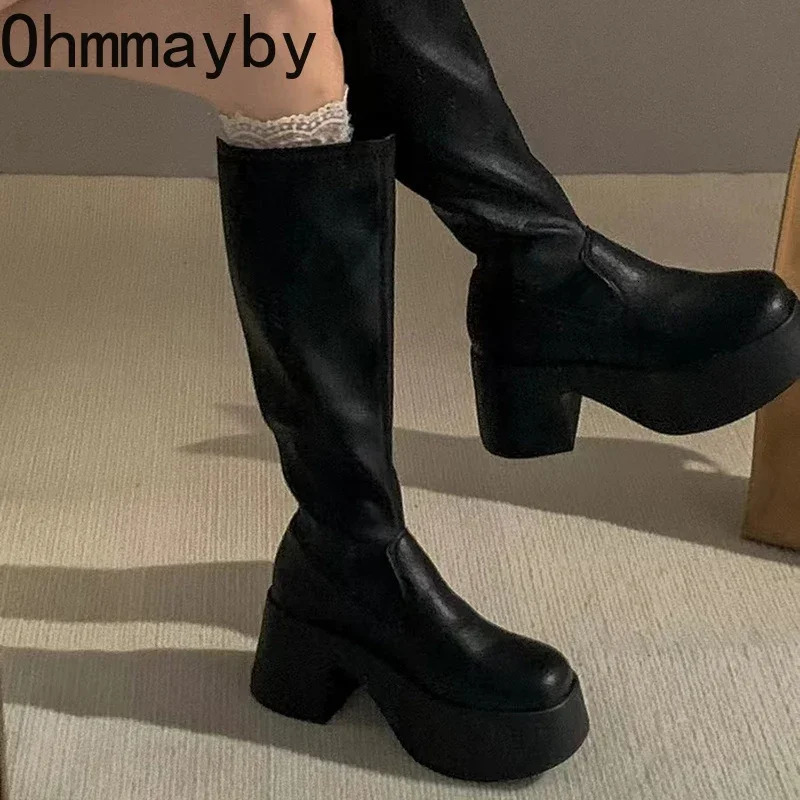Punk Style Platform Womens Knee High Boots Fashion Slippery Thick Heel Shoes Womens Comfortable Knight Long Botas De Mujer 241007