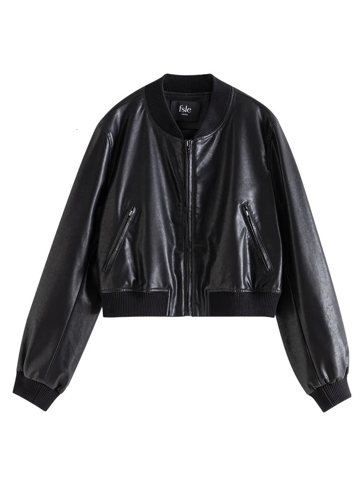 FSLE Brown Retro Baseball Uniform n Womens Leather Jacket Collar Chain Short Coat Loose Pu Leather Full Set Jacket 240930