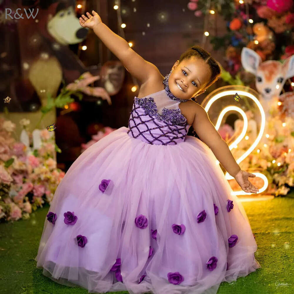 R&W 2024 Purple Girls wer Communion Gowns Halter Pearls Beaded Crystal Princess Queen Birthday Party Dress for Cute Little Girl F127