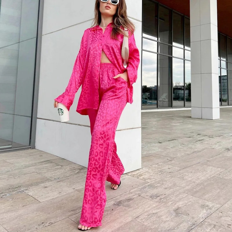 springsummer twopiece highend long sleeved loose leopard print fashionable casual womens suit 240929