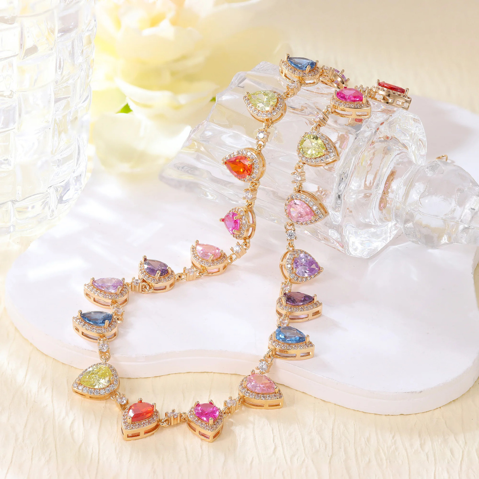 Fashionable Sweet Rainbow Candy Colorful Water Drop Shaped Splicing Zircon Copper Gold Plated Necklace for Women 240929
