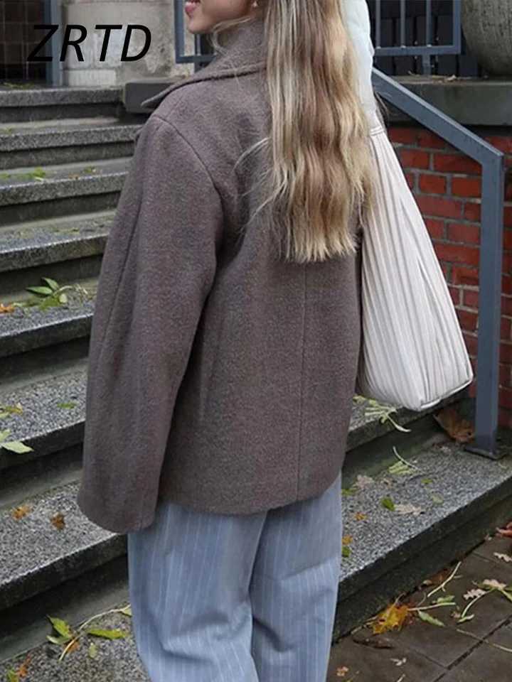 Elegant Faux Woolen Coats Women Lapel Long Sleeve Single Breasted Pocket Jackets 2024 Autumn Winter Lady Chic Loose Gray OutwearX241009