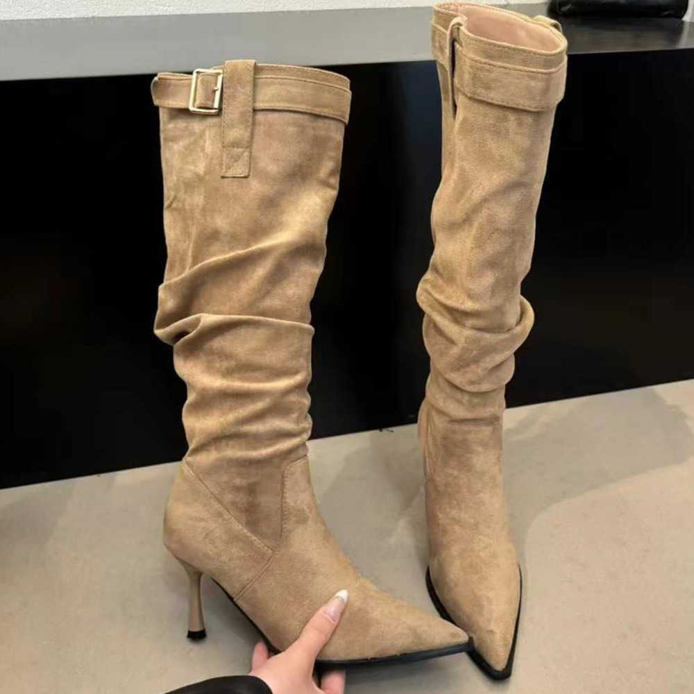 Autumn Winter Versatile Martin Boots Slimming Pile Boots With Pointed Toes Fashion Boots Thin Heels High Heels Boots For Women Beautiful Knee High Boo