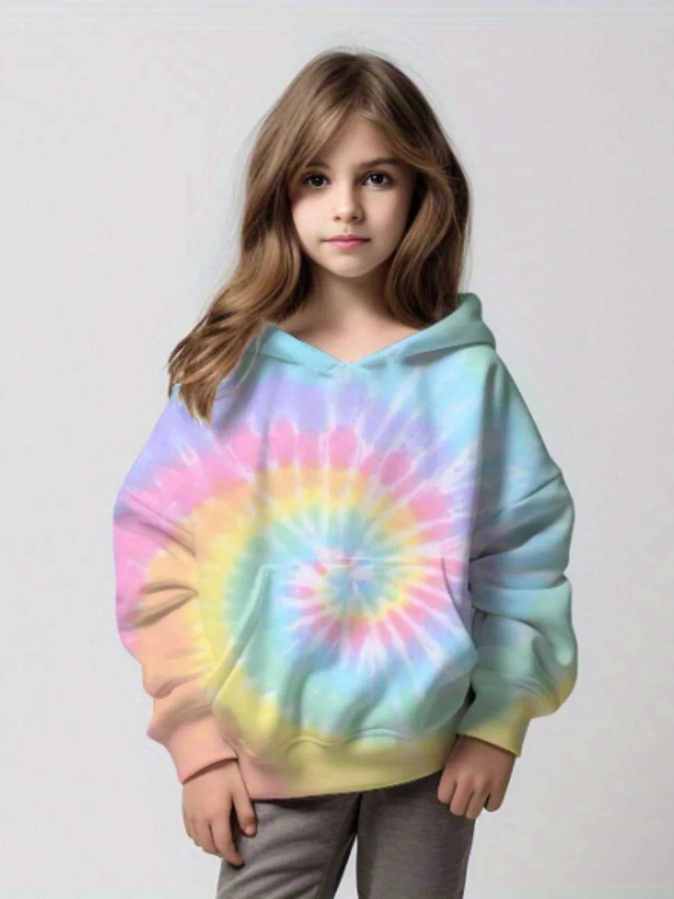 Hoodies Sweatshirts 2024 Girls Ombre Tie-Dyed Sweatshirt Long Sleeve Drop Shoulder Hoodie With ket Suitable For Sports Daily Casual Wear S241095
