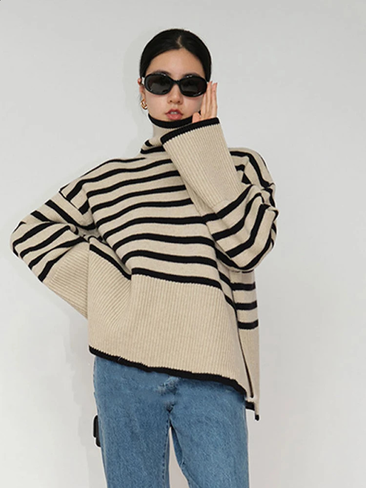 Casual striped sweater for women elegant turtle buckle comparison long sleeved womens zipper autumn winter fashion womens knitting 240927