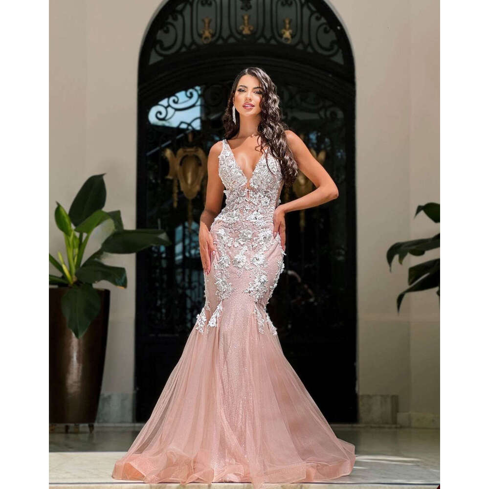 Beautiful Pink Dresses Mermaid V-Neck Strap Appliques wers Lace or-Length Princess Bride Wedding Dress Custom Made