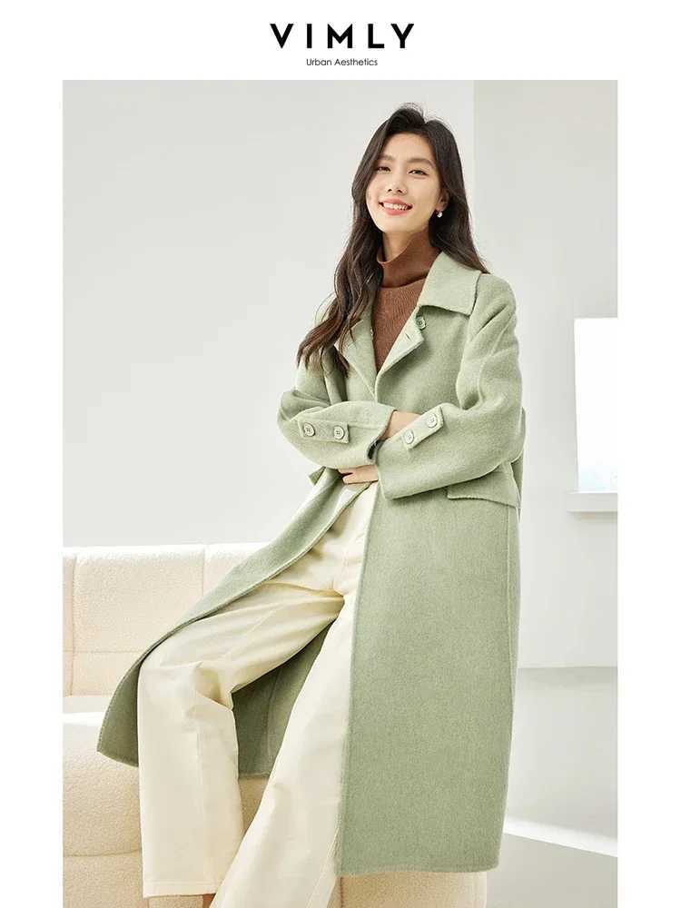 Vimly Double Faced Wool Long Pink Coats for Women 2023 Winter Notched Light Warm Woolen Overcoat Female Jacket Clothing 50687X241009