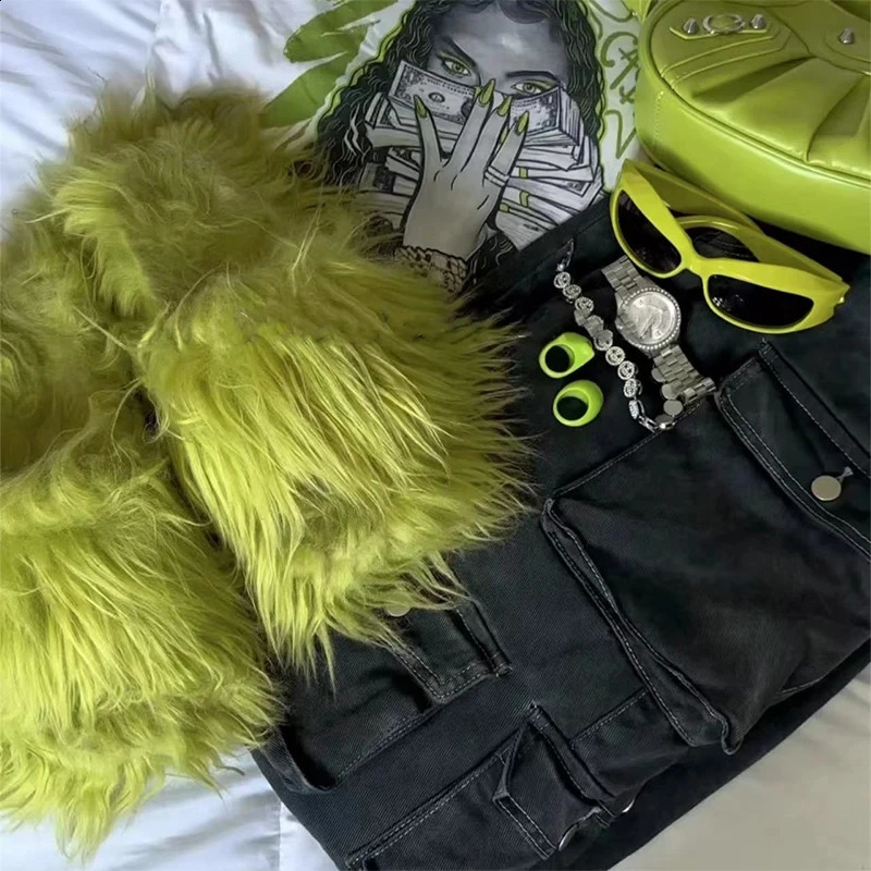 Runway Fashion Furry Flat Slippers Women Mules Harajuku Gothic Punk Y2k Sexy Fake Fur Slides Cute Home Slippers 240927