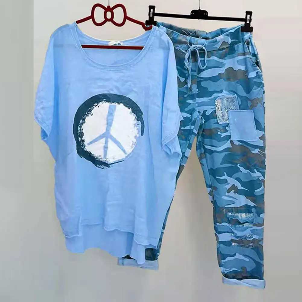 1 set of T-shirt pants set for womens track and field wear O-neck irregular hem shirt camouflage printed drawstring pants set W241008