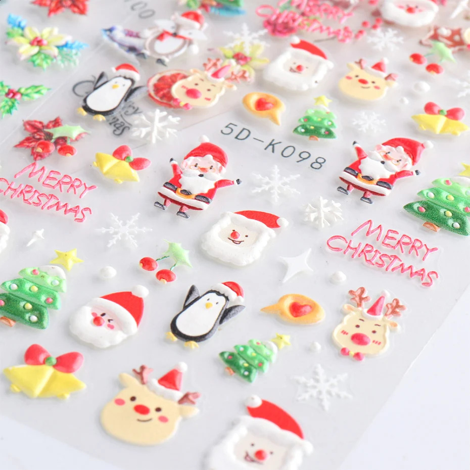 5D embossed Christmas cartoon nail stickers bird snowflakes Santa Claus gingerbread winter slider Year decoration SADK098-103 241008