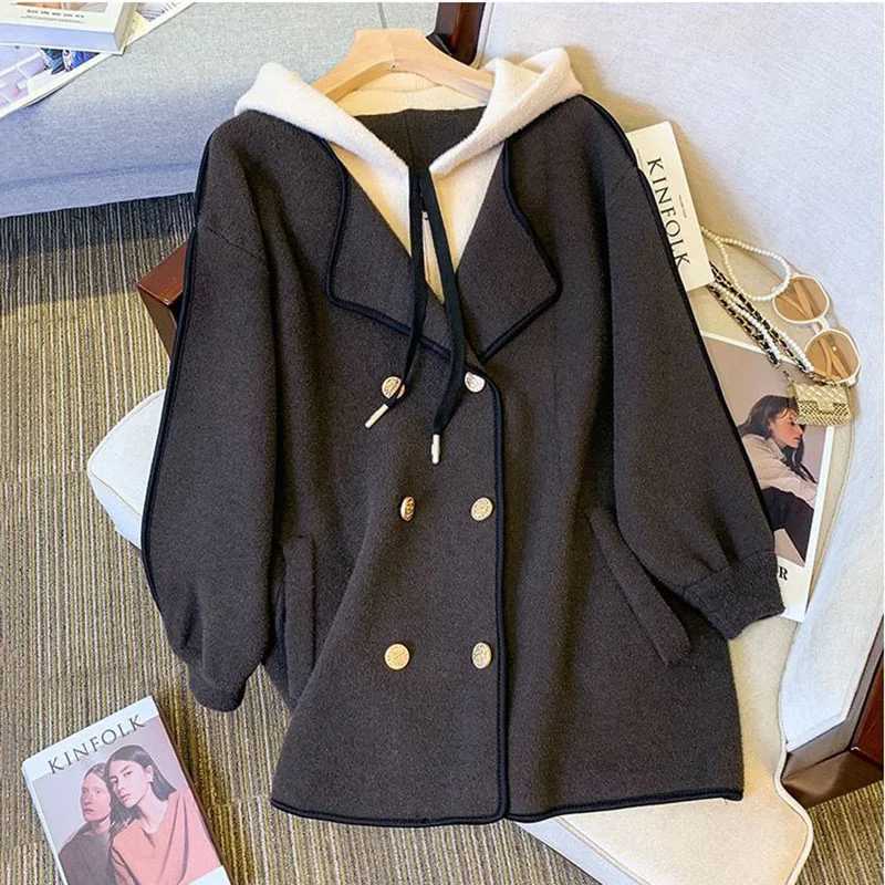 Double-sided Cashmere Fake Two-piece Hooded Woolen Jacket Women 2024Autumn Winter New Temperament Slim Cardigan Wool Coat FemaleX241009
