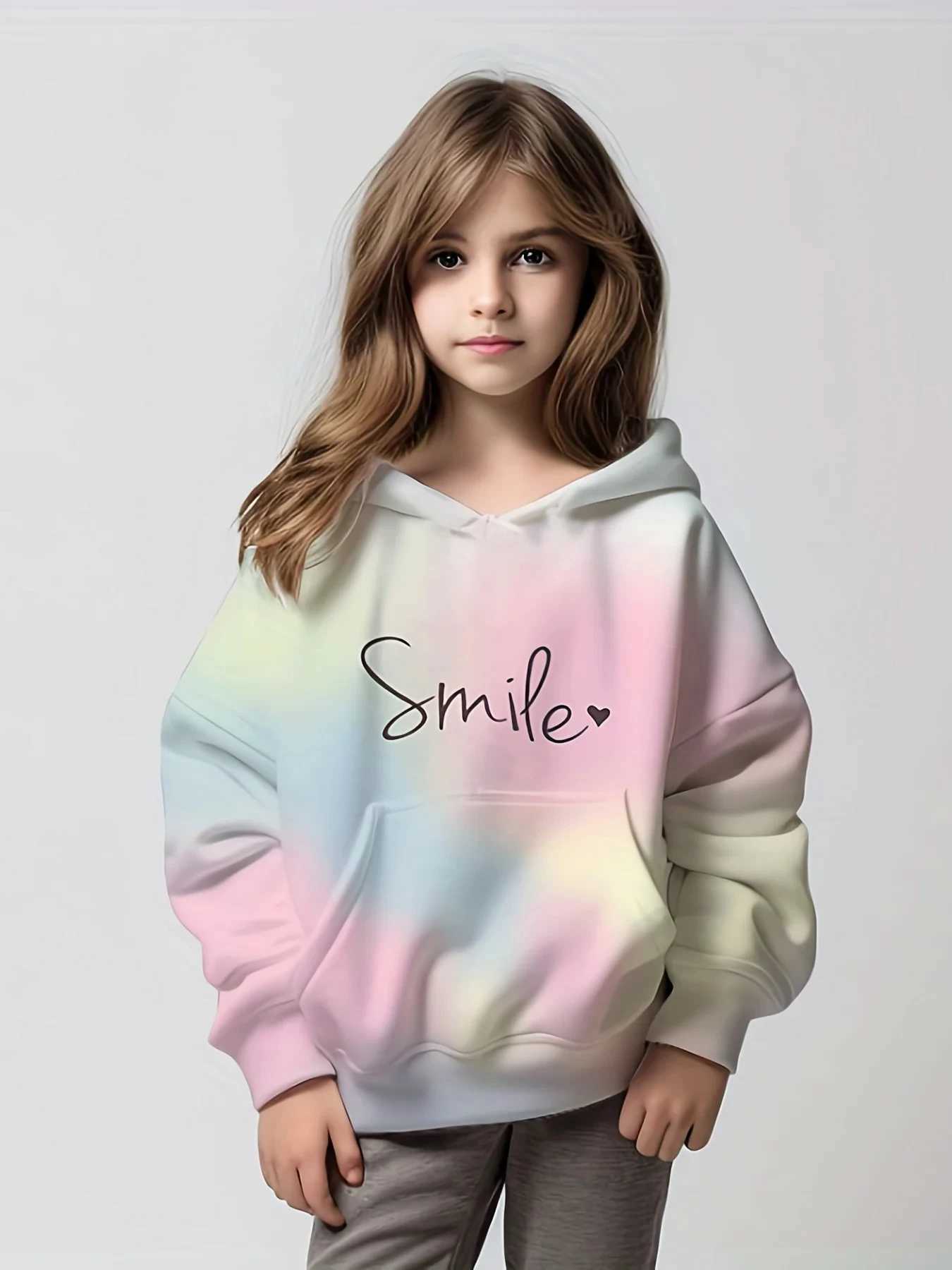 Hoodies Sweatshirts 2024 Girls Ombre Tie-Dyed Sweatshirt Long Sleeve Drop Shoulder Hoodie With ket Suitable For Sports Daily Casual Wear S241095