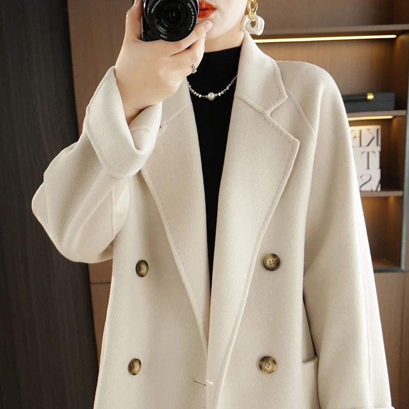 Autumn And Winter Womens DoubleSided Woolen Double Breasted Coat Temperament Solid Color Medium Long 240930