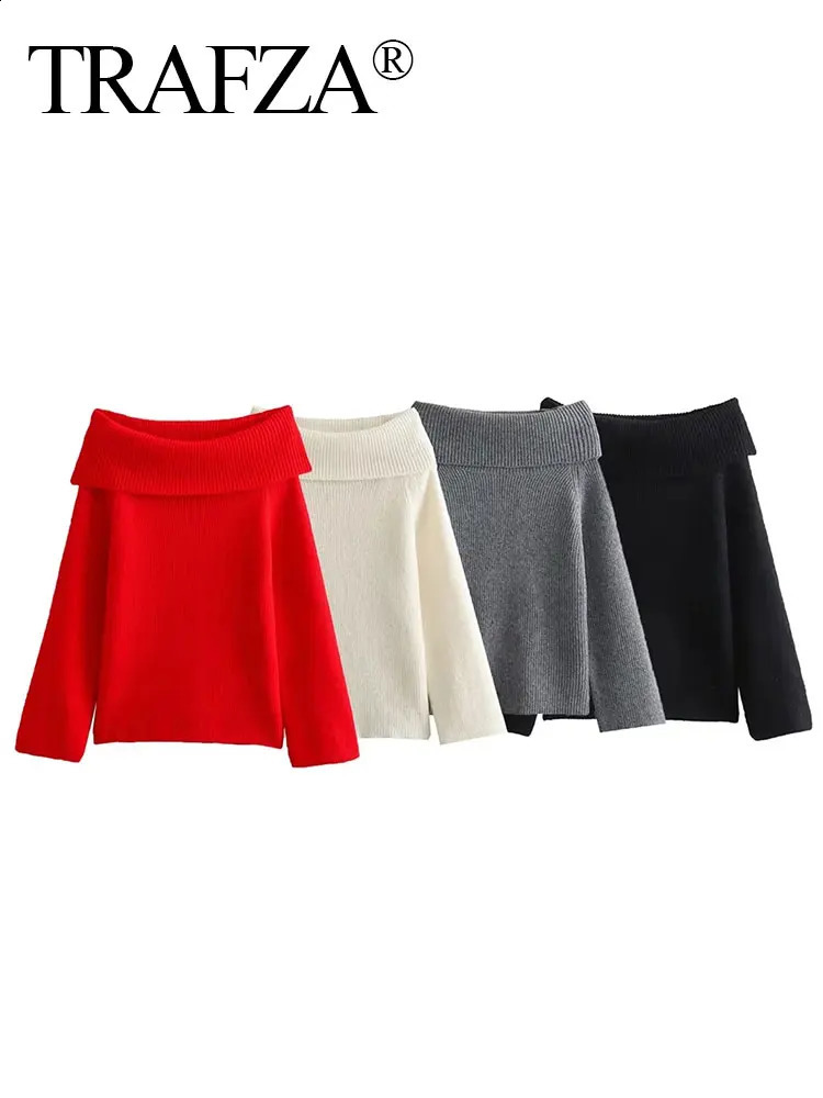 TRAFZA Womens Fashion Solid Shoulder Sweater Long Sleeve Knitted Pullover Sweater Autumn Womens Casual Knitted Fashion Top 240927