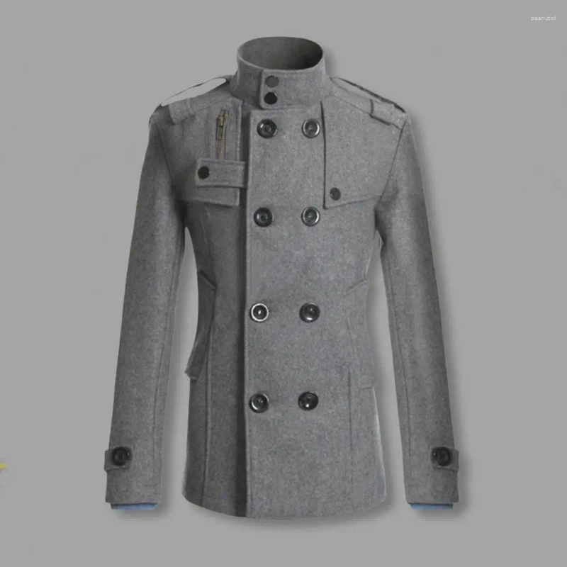 Men's Trench Coats Men Woolen Coat Stand Collar Long Sleeve Windbreaker With Double-Breasted Closure Pockets Solid Color Mid-Length Outwear B4