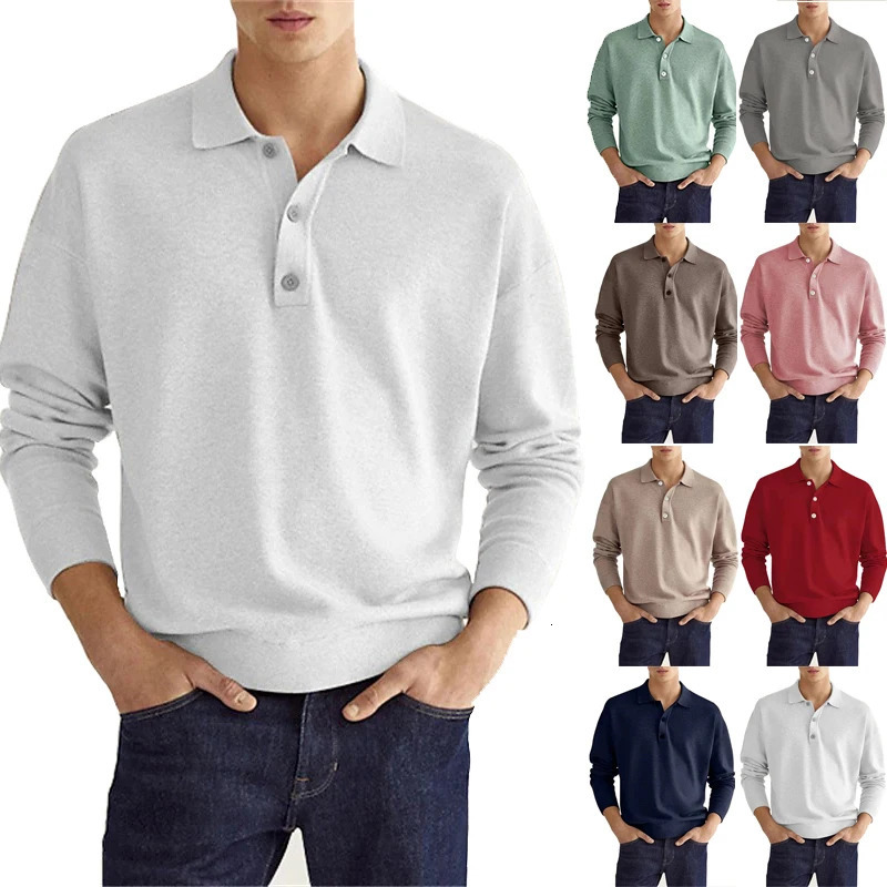 Mens Casual Long-sleeved Shirt Fashion Solid Color Lapel Button Business Casual Polo Shirt Golf Pullover T-shirt Street Wear 241009