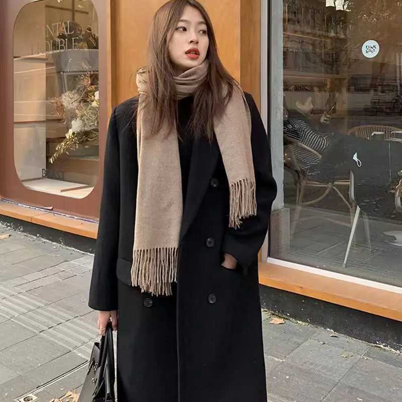 Black Suit Jacket Womens 2023Autumn And Winter New Cotton Thickened Loose Medium And Long Woolen Coat WomenX241009
