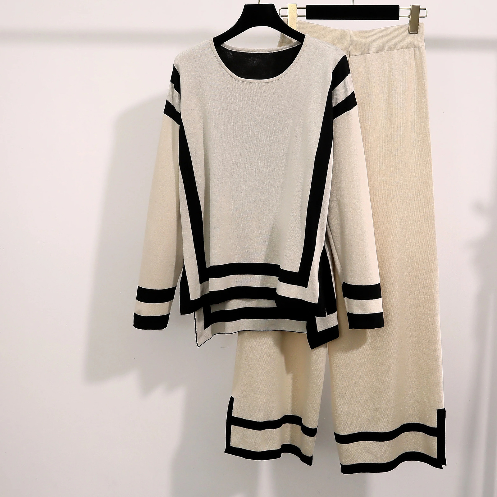 Womens Elegant Knitted Set Oneck Striped Splicing Long Sleeve Top Wide Leg Pants Office Casual Loose Sweater 241008