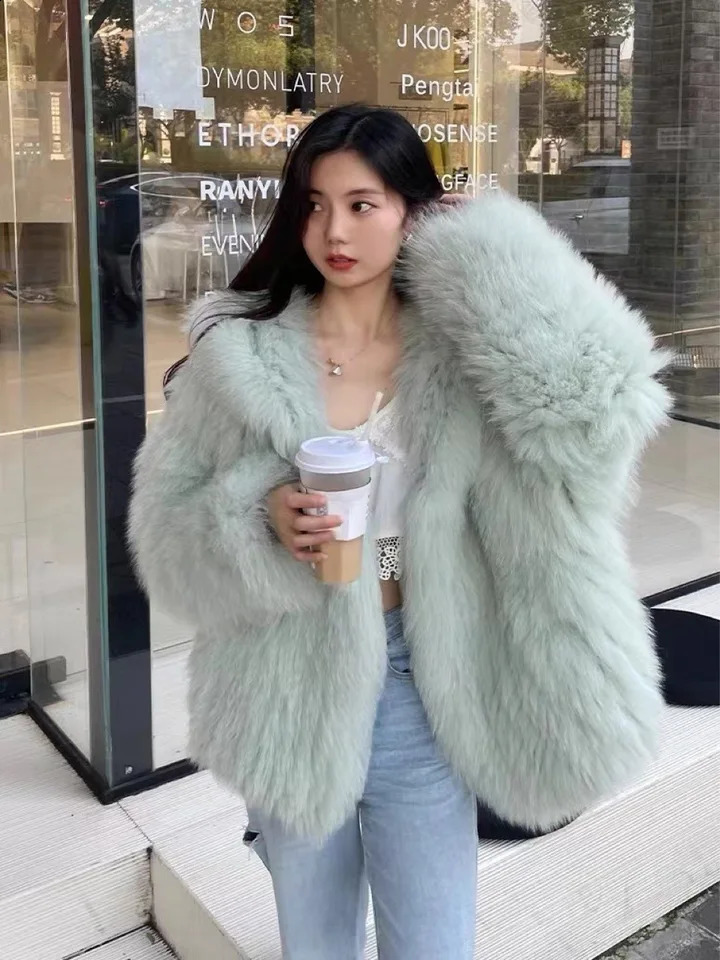 Autumn and winter womens manual doublesided woven highquality real fox fur coat 100% natural jacket loose hooded streetwear 240930