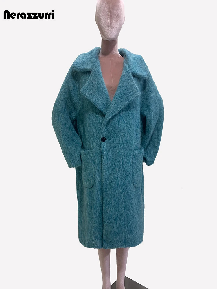 Nerazzurri Autumn Winter Long Oversized Thick Warm Soft Blue Woolen Coat Women Single Button Loose Casual Korean Fashion 2024 240930