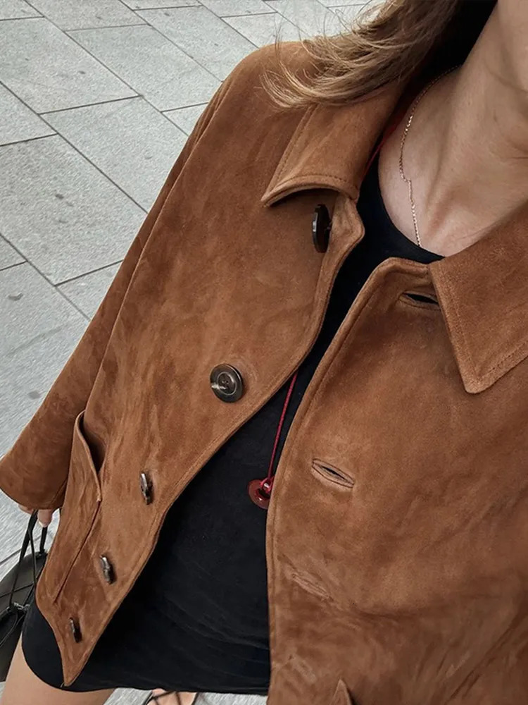 Retro Street Suede Jacket for Women Single breasted Pocket Patch Work Long Sleeve Jacket Autumn/Winter Loose Jacket 240930