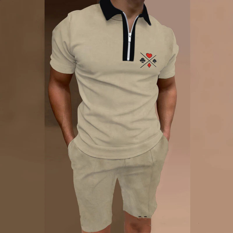 Summer beach element pattern printed mens sportswear set casual zipper polo shirt and shorts 2-piece set vacation party mens clothing 240930