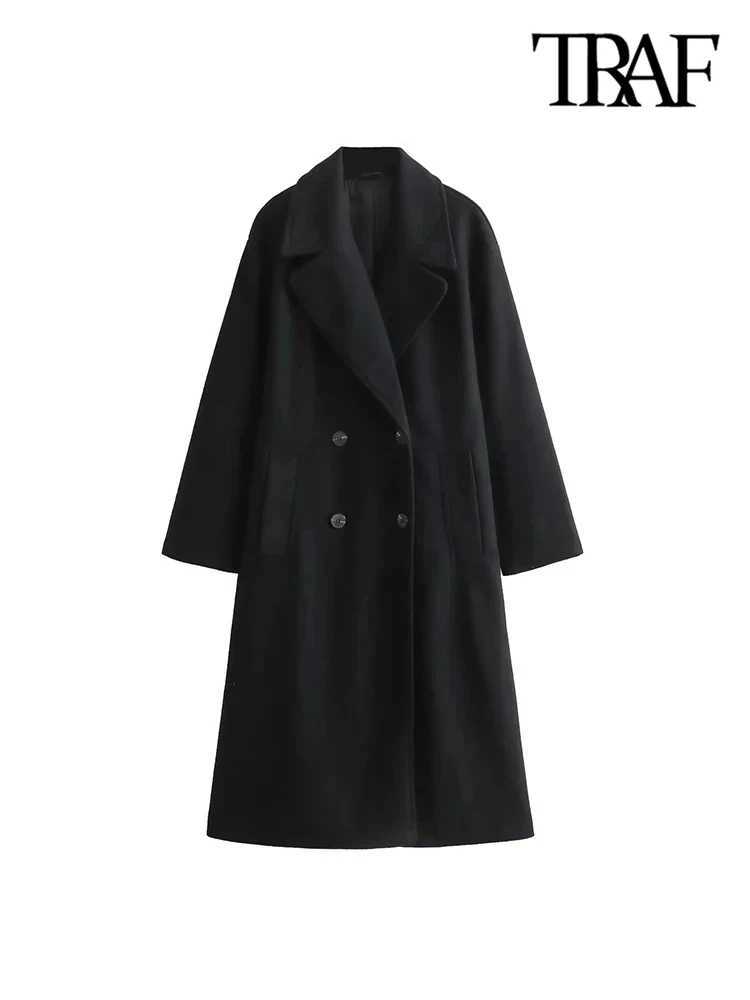 TRAF-Womens Soft Oversized Woolen Coat Long Sleeve Front Welt Pockets Female Outerwear Chic Overcoat FashionX241009