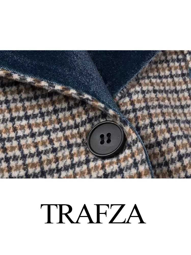 TRAFZA Womens New Fashion Turn Down Collar Long Sleeve Single Button Plaid Wool Coat Female Chic Elegant Pocket Mid-Calf CoatX241009