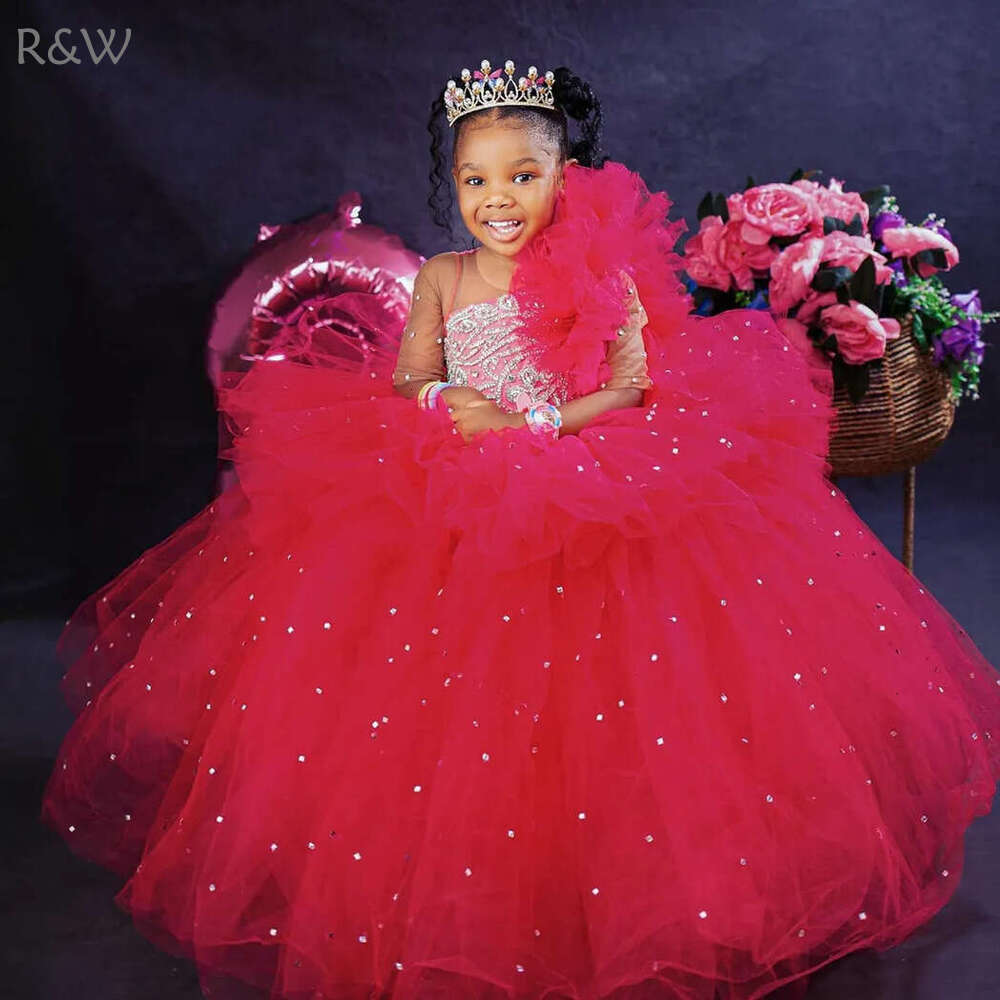 R&W 2024 Hot Pink Girls wer Communion Gowns Long Sleeves Rhies Lace Princess Queen Birthday Party Dress for Little Girl F128
