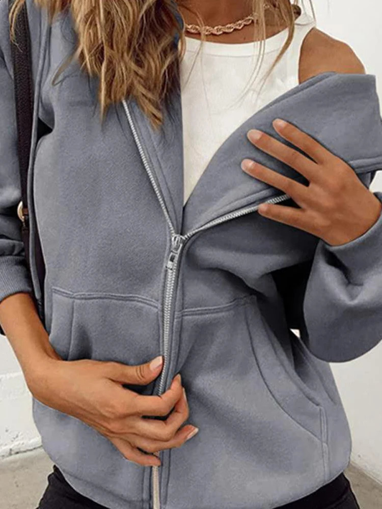 Retro oversized jacket hooded sweatshirt womens loose zipper pocket long sleeved autumn and winter fashion streetwear 241009