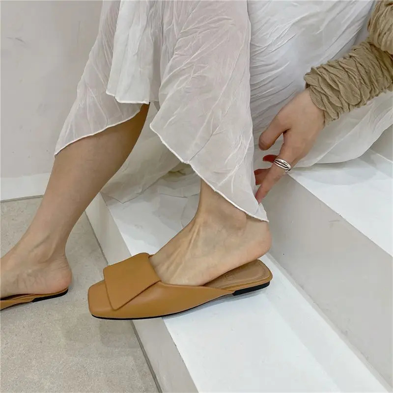 Woman Slippers Leather Shoes for Women Low Heel Sandals Rubber Summer Mules Slides Off White Job W Trend B Shoe Fashion 241008