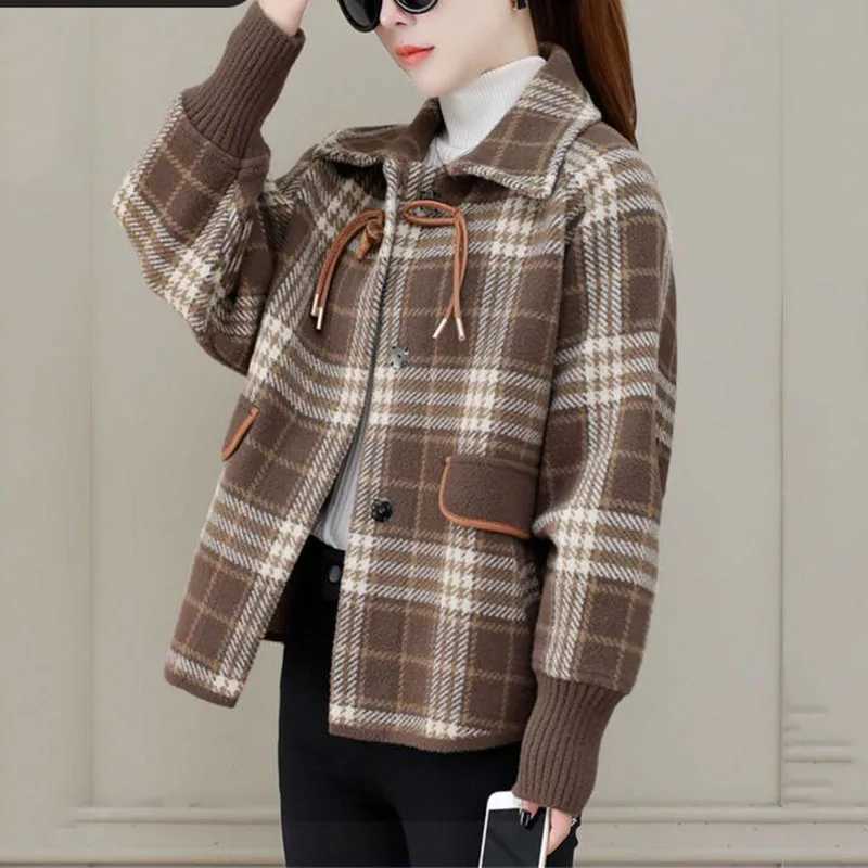 Join Together Womens Woolen Coat 2024 Spring Autumn New Korean Loose Short Jacket Plaid Outerwear Fashion Wool Coats Lady 4XLX241009