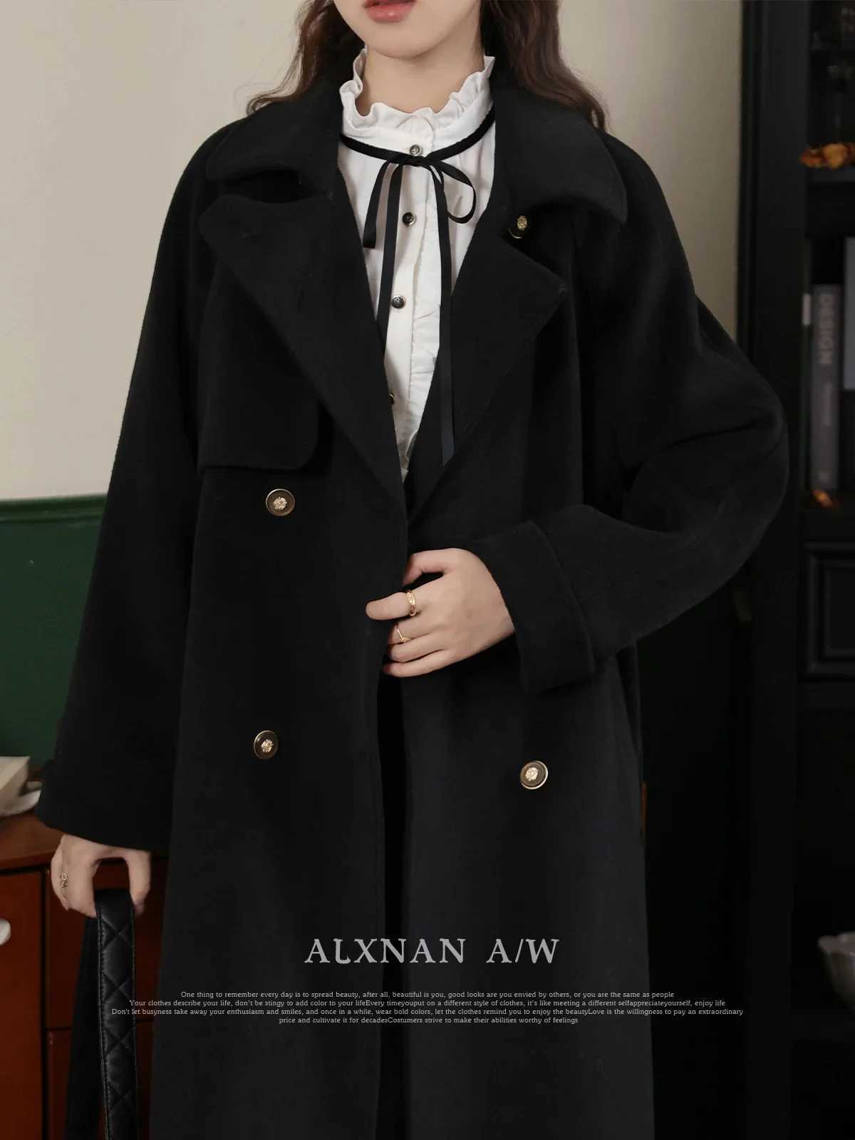 ALXNAN Womens Straight Wool Coat 2024 Commuter Casual Polo Collar Single Breasted Autumn Winter Outerwear Coats LXN32733X241009