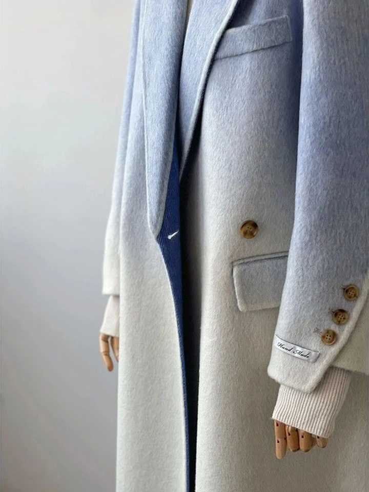 2024 Winter Women Vintage Long Woolen Coat Fashion Long Sleeve Jackets Chic Gradient Outerwear Korean Ladies Casual OvercoatX241009
