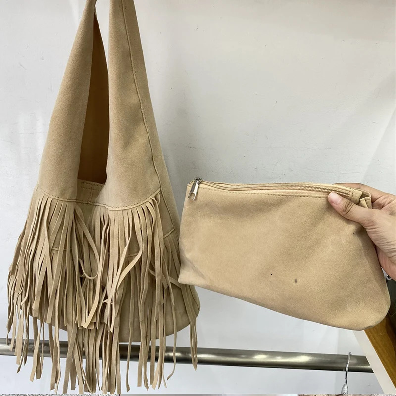 Bohemian synthetic suede bucket bag womens er handbag wallet 2024 tassel inner pocket armpit shoulder 241008