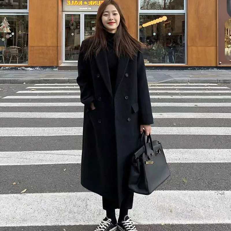 Black Suit Jacket Womens 2023Autumn And Winter New Cotton Thickened Loose Medium And Long Woolen Coat WomenX241009